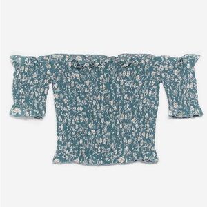 🎀 Nasty Gal Floral Shirred Bardot Crop Top Green Scrunched Size US2 NWOT